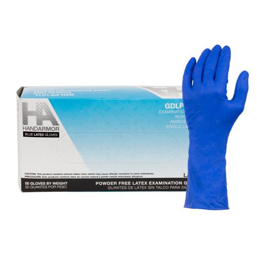LATEX HIGH RISK POWDER FREE GLOVES 14 MIL BLUE  10 50  MED